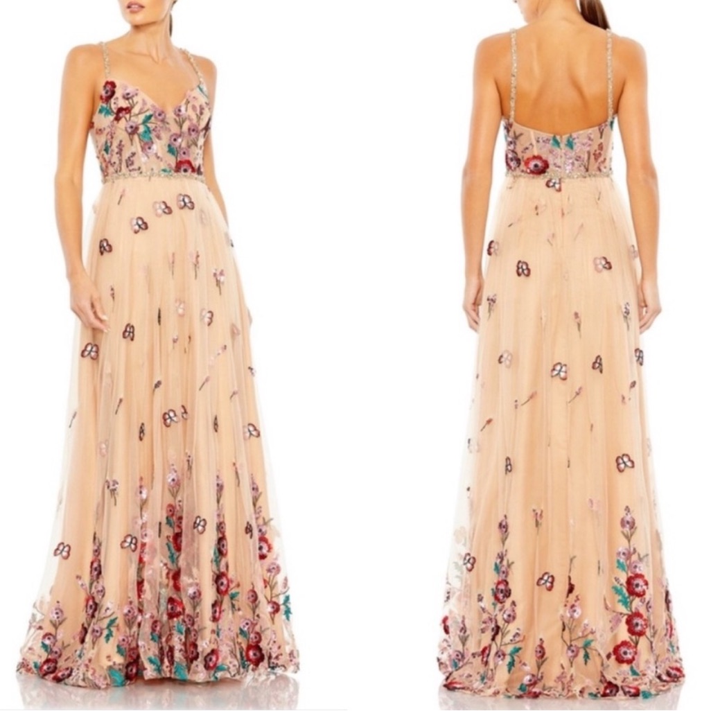 Mac Duggal Nude Multi Floral Butterfly Embellished Tulle V-Neck Sleeveless Gown